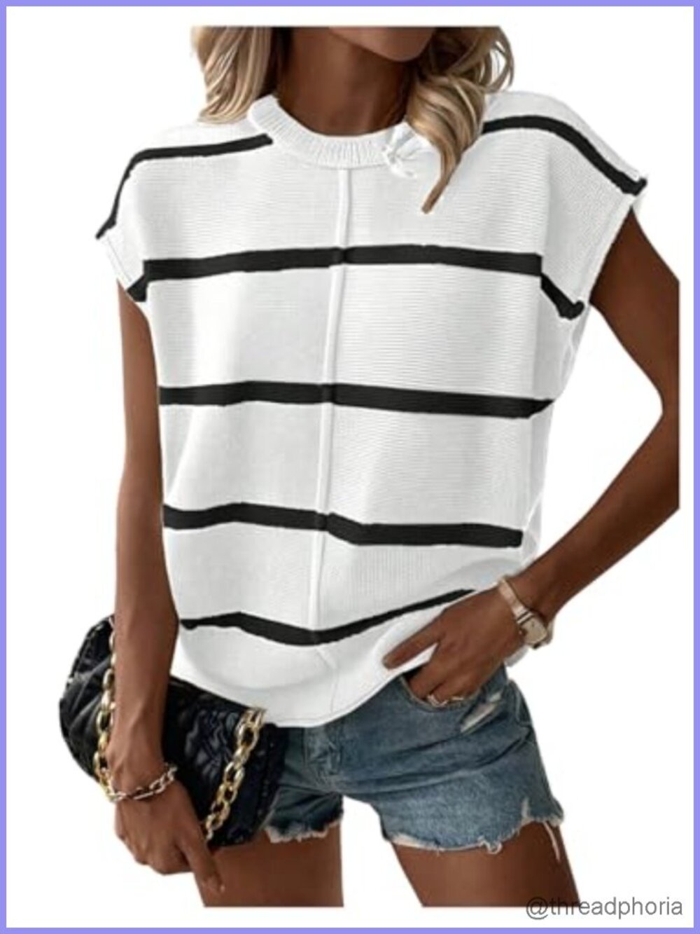Women's Striped Short Sleeve Knit Sweater Vest Crew Neck Pullover Casual Top